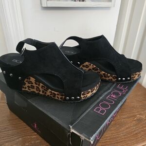 Boutique Black Suede Wedge Sandals with Leopard-Print Platform